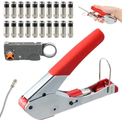 Imagen de Focenat Juego de Engarzadores Pelacables,Juego Alicates para engarzar,Juego Pelacables y Engarzadores,con 20 conectores F compresión,para cables coaxiales datos