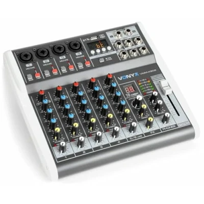 Imagen de Vonyx VMM K602 Mezclador de 6 canales, tecnología inalámbrica Bluetooth, 16 efectos incluidos, USB, ecualizador, ideal para aplicaciones vocales, pequeñas bandas directo o ensayo y DJ