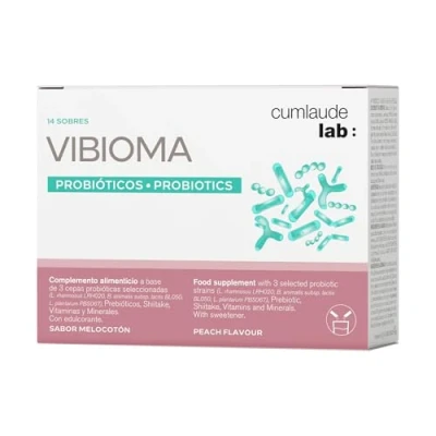 Imagen de Cumlaude Lab Vibioma, Complemento Alimenticio de Triple Acción Probiótica Para Bienestar Íntimo Femenino, Previene Infecciones, con Vitaminas, Probióticos y Prebióticos, Sabor Melocotón 14 Sticks