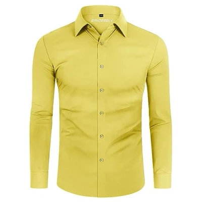 Imagen de DEMEANOR Camisa para hombre, elástica, manga larga, informal, corte ajustado, camisas de negocios, no necesita planchado, amarillo, S