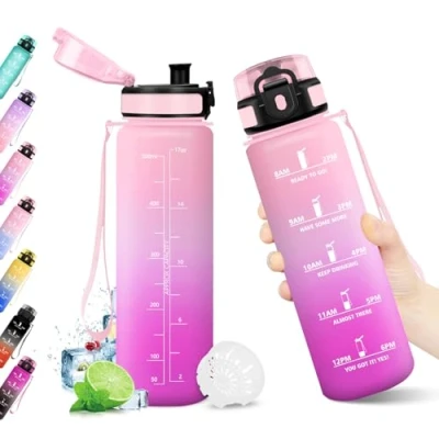 Imagen de Botella Agua 500ml, con Marcador de Tiempo, Filtro Reutilizable, Motivacional sin BPA, Cantimplora Ideal para Cámping, Escuela, Gimnasio, Bicicleta, Running, Oficina