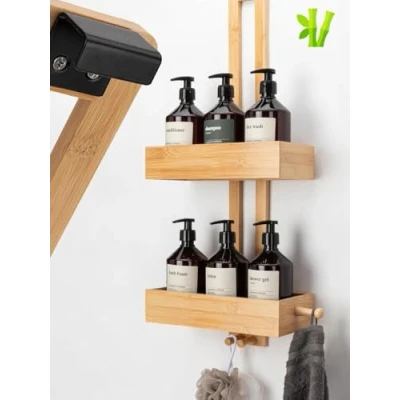 Imagen de SVADA Estantería de ducha colgante bambú para colgar sin taladrar, cesta ducha, estante baño, madera, champú, organizador