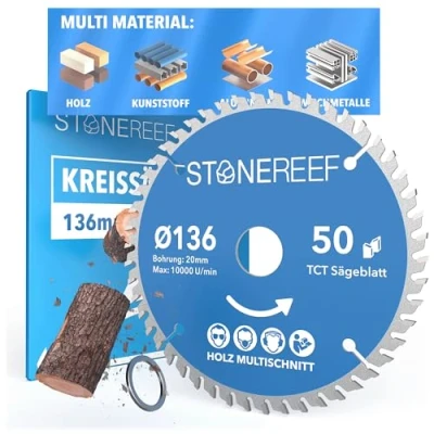 Imagen de STONE REEF Hoja de sierra circular 136 x 20 mm, incluye adaptador a orificio y 16 compatible con amoladora angular Bosch, Makita, etc. resistente clavos, para