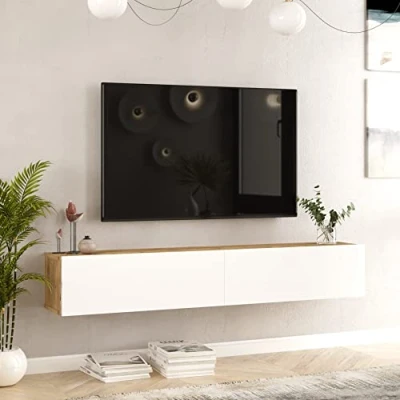 Imagen de [en.casa] Mueble TV Suspendido Mesa Tele de Pared con 2 Puertas Aglomerado Recubierto Melamina 180 x 32 30 cm Roble Rústico/Blanco