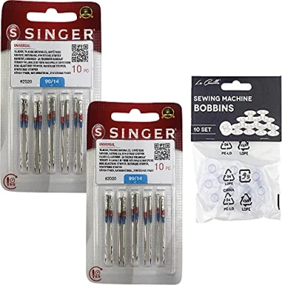 Imagen de Pack de 20 Agujas para Máquinas Coser Singer 2020 Universales Grosor 90/14 Tejidos Algodón y Sintéticos 130/705 H (Talón plano un lado)