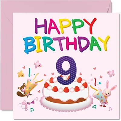 Imagen de tarjeta de cumpleaños 9 para niña, fiesta criaturas, feliz niña años, tarjetas niñas, felicitación 145 mm x