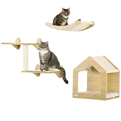 Imagen de PawHut Estantes para Gatos de Pared 3 Piezas Juego Escalada con Caseta Hamaca Plataformas y Poste Sisal Roble