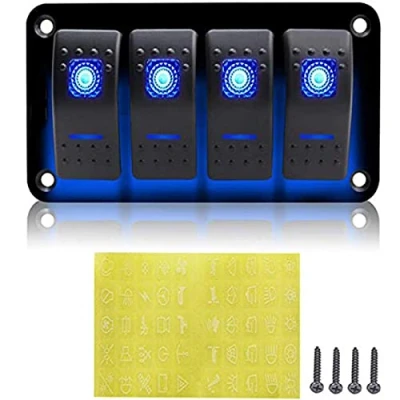 Imagen de Geloo 4 Gang Panel de Interruptores Basculantes, 12V Rocker Switch Encendido Luz LED Azul ON OFF IP65 Impermeable para Coche Caravanas Autocaravanas Barcos
