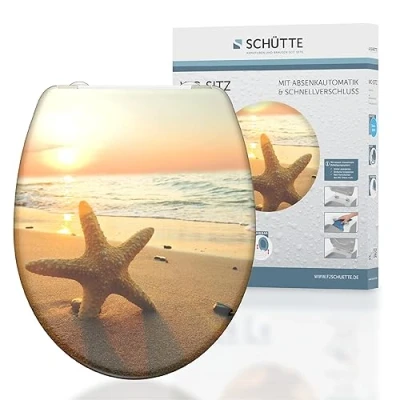 Imagen de SCHÜTTE Sea Star 82373 Asiento de inodoro Duroplast con descenso automático y cierre rápido para una fácil limpieza, carga máxima 150 kg, diseño estrella mar
