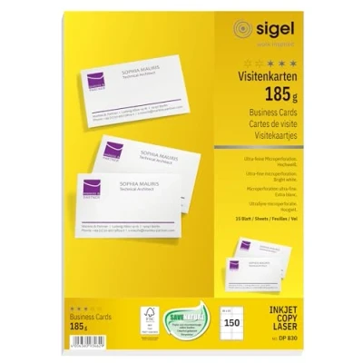 Imagen de Sigel DP830 150 Tarjetas de visita precortadas, imprimible, 85 x 55 mm, 185 g / m², blanco