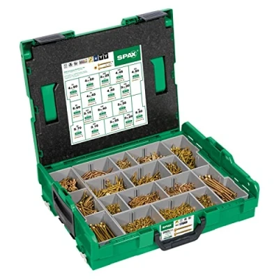 Imagen de SPAX L BOXX 5000009164019 Maletín de montaje, tamaño grande, Yellox A2L, ranura en cruz Z, cabeza avellanada, 17 dimensiones, 2930 unidades, incluye 5 puntas BITs,
