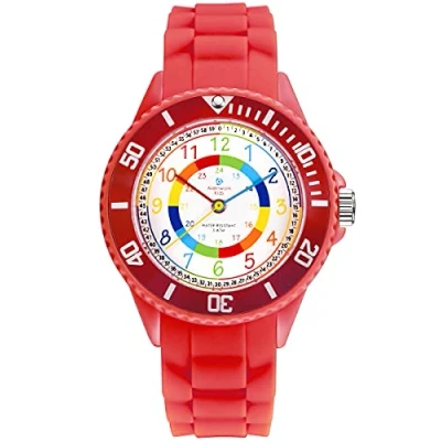 Imagen de Alienwork Kids Reloj de Aprendizaje Infantil Niña Rojo Pulsera Silicona Abigarrado niños Impermeable 5 ATM Tiempo Aprender