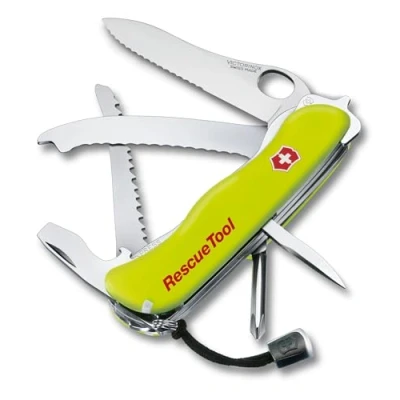 Imagen de Victorinox Rescue Tool Navaja suiza con 15 funciones, incluyendo sierra cortavidrio y rompecristales, de color amarillo fluorescente