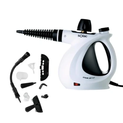 Imagen de Solac LV1301 Limpiador de vapor a mano. Depósito 350ml. Usos múltiples. Cable 3m. 9 accesorios. Listo en 3 min. Safety confort. Sistema antigoteo. Mango ergonómico. Blanco