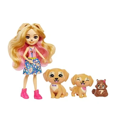 Imagen de Enchantimals Muñeca Gerika con Familia de Mascotas Perritos Golden Retriever Juguete, Regalo para niñas y niños +4 años (Mattel HHB85)