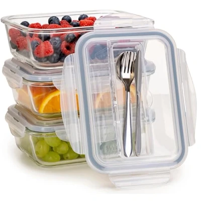 Imagen de Igluu Meal Prep Recipientes de vidrio con tapa para cubiertos Cierre hermético Control porciones Libre BPA Apto microondas, horno y lavavajillas 1050 ml Set 3