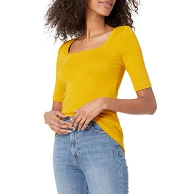 Imagen de Amazon Essentials Camiseta Entallada con Media Manga y Cuello Cuadrado Mujer, Amarillo Oscuro, S