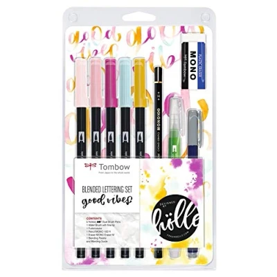 Imagen de Tombow Blended Lettering Set Good Vibes Hand con Rotuladores de Colores, Pincel Recargable, Lápiz, Goma Borrar y Paleta Lavable