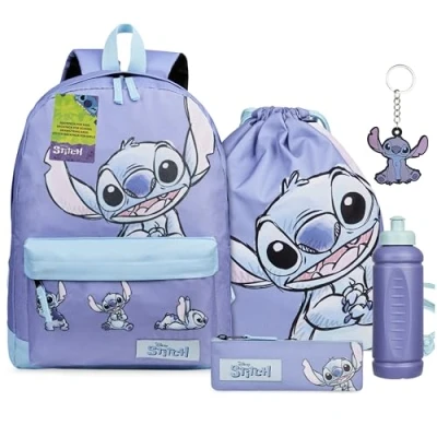 Imagen de Disney Stitch Mochila Escolar Niños Conjunto 5 Piezas con Estuche Bolsa Cuerdas Botella Agua y Llavero Kawaii Regalos