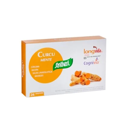 Imagen de SANTIVERI Curcu Mente, Complemento Alimenticio a Base de Cúrcuma Optimizada Longvida, Bacopa y Cognivia, Contribuyen al Rendimiento Intelectual Normal la Memoria 24 Comprimidos