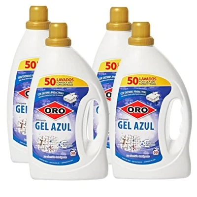 Imagen de Oro Detergente líquido para lavadora Jabón Gel Azul 2,5 litros 200 lavados Pack de 4 unidades Gran poder antimanchas 100% natural