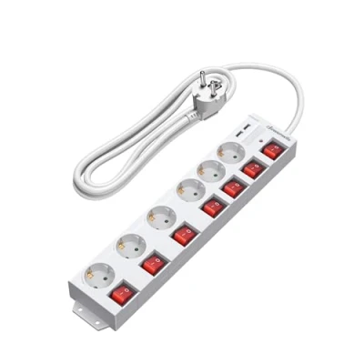 Imagen de DEWENWILS Regleta Conmutable Individualmente, 6 Interruptor con 2 USB, Protección contra Sobretensiones, Montaje en Pared, Infantil, Girado 90, 2M，Blanco