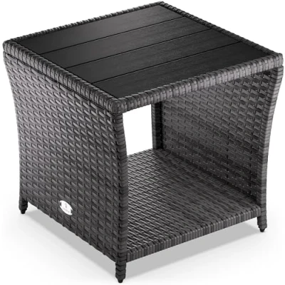 Imagen de CASARIA Mesita Auxiliar de Poliratán Balcón Jardín 45x45x40cm Tablero WPC Mesa Altura Ajustable Gris