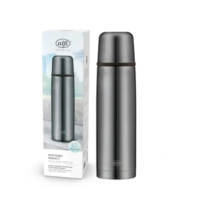 Imagen de alfi Isotherm AV 750 ml, Cool Grey Mat, Botella isotérmica de Acero Inoxidable con Vaso, estanquidad tapón automático, Desmontable, Mantiene el Calor 18 Horas, sin Huellas, BPA