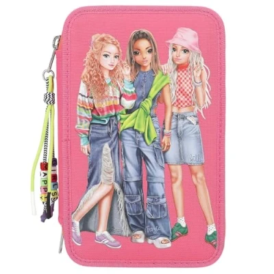 Imagen de Depesche 12910 TOPModel Joy estuche de 3 compartimentos en rosa, con motivo modelo y colgante, lápices colores, regla, tijeras mucho más