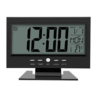 Imagen de Aramox Reloj Digital eléctrico, de Alarma Escritorio Mesa Sensor Sonido LCD con Calendario y Pantalla Temperatura(Black)