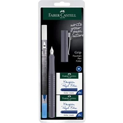 Imagen de Faber Castell 202038 Grip 2010 Pluma estilográfica (plumín M, gris dapple, con borrador de tinta y 12 cartuchos repuesto)