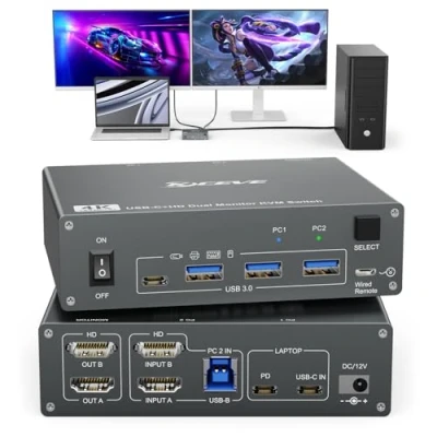 Imagen de KVM Switch 2 PC Monitores USB C HDMI Dual monitor 3.0 Tipo Conmutador soporta 4K @ 60Hz para ordenadores que comparten teclado, ratón y