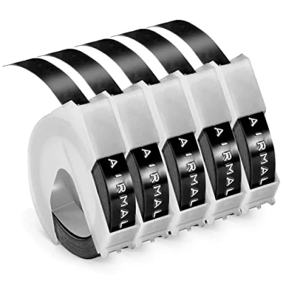 Imagen de 5 cintas de repujado compatibles con Airmall Dymo 3D con, 9 mm x 3 m, color negro, autoadhesivas, para máquina grabado Omega Junior