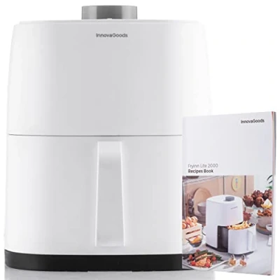 Imagen de InnovaGoods® Freidora de aire sin Aceite 2L, 1200W con +100 recetas en Español, cesta antiadherente, temporizador y flujo 360, para 2 personas Color Blanco