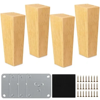 Imagen de Patas para Muebles Madera, 4 Piezas conicas de Madera Sofá Placas Montaje y Tornillos Mesa Cama, Armario, Sillón 15cm Cuadrado