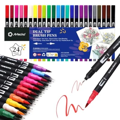 Imagen de Artecho Rotuladores Lettering 24 Colores, Doble Punta, Kit para Dibujo, Caligrafía, Cómics y Graffiti