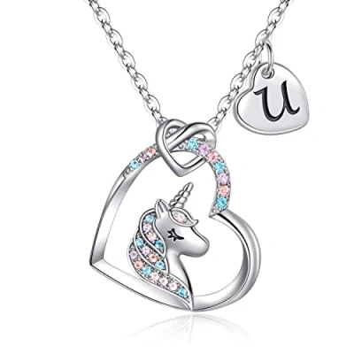 Imagen de TINGN Regalos para Niña Mujer Collar de Unicornio, Chapado en Oro Blanco 14 Quilates CZ Corazón Colgante Unicornio Collares Niñas Inicial U Cumpleaños Joyería
