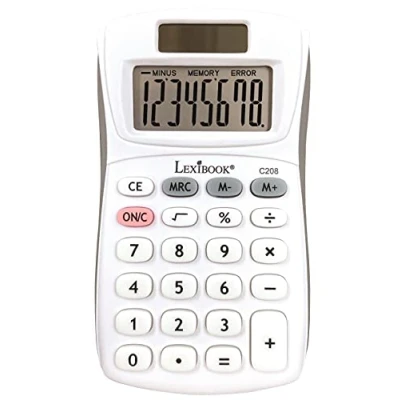 Imagen de Lexibook, Calculadora de Bolsillo 8 dígitos, Funciones básicas y Memoria, Teclas Silicona Suave para la Oficina, Escuela, el hogar, Solar &amp; Pilas, Blanco/Gris, C208