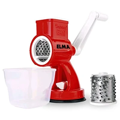 Imagen de ELMA Rallador Manual de Queso Cortador Verduras y Frutos secos con 2 Cuchillas Intercambiables Acero Inoxidable Recipiente para Alimentos Color Rojo