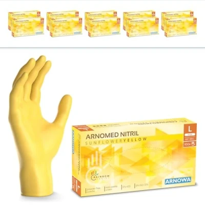 Imagen de ARNOMED guantes nitrilo talla L, amarillo, de nitrilo, 2000 unidades (20 cajas), desechables sin polvo, goma látex, en tallas XS, S, M y L