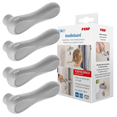 Imagen de Reer HandleGuard Juego de 4 protectores para manijas puerta (antigolpes en tiradores puertas, color gris
