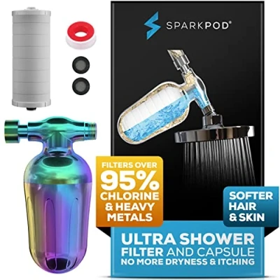 Imagen de SparkPod Filtro de ducha ultra agua y cartucho para cabezal ducha, equivalente a 150 etapas, elimina hasta el 95% del cloro, metales pesados cabello piel suaves (arcoíris