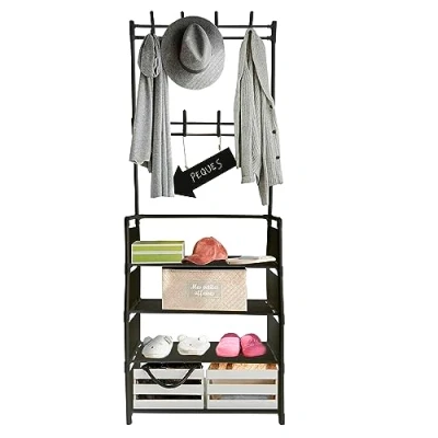 Imagen de Nyana Home Recibidor Perchero de Entrada con Zapatero Hasta 12 Pares 8 Colgadores 155 Alto 60 Largo 29 Fondo (Negro)