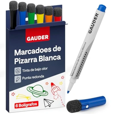 Imagen de GAUDER Set de Rotuladores para Pizarra Blanca (6 piezas 6 colores) borrables en seco sin dejar residuos con esponja, ideales pizarras blancas y magnéticas