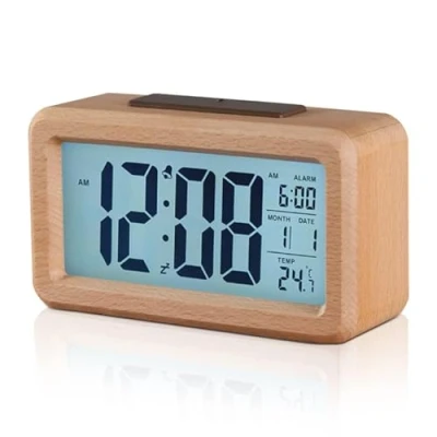 Imagen de HERCHR Reloj Despertador Digital LED, Madera Escritorio con Fecha/Hora/Temperatura, Funciona Pilas cuboide, mesita de Noche para Dormitorio, Oficina