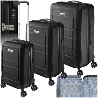 Imagen de TecTake® Juego de Maletas Apilables, 3 Piezas, Plástico ABS Resistente, Viaje con Ruedas Giratorias 360, Maleta Cabina, Mediana, Grande, TSA Negro