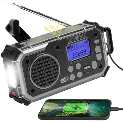 Imagen de Duronic SDAB1 Radio Portátil Dab+ FM Am con Bluetooth, Batería o 3 Pilas AAA Carga Solar Manivela, Digital Linterna Alarma SOS Camping Senderismo Aire Libre Emergencias
