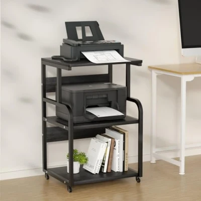 Imagen de URLINE Soporte grande para impresora con estantes de almacenamiento madera 3 niveles, organizador escritorio multiusos, impresora, escáner, fax, hogar, oficina, uso ruedas (negro)