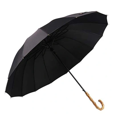 Imagen de ThreeH Paraguas De Golf Bambú Manejar Automático Abierto Manija Gancho Madera A Prueba Viento KS08,Black