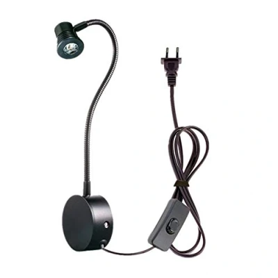 Imagen de WeFoonLo 3W Lámpara de cuello cisne flexible pared LED con luz lectura y enchufe para dormitorio, oficina, banco trabajo, estudio (3W Negro, blanco cálido)